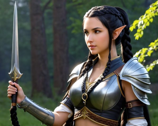 Young Warrior in Fantasy Armor in Lush Forest