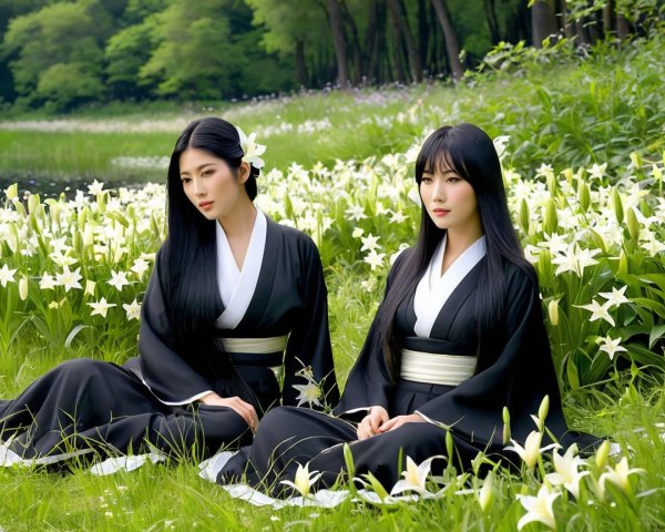 Women in Black Kimonos Amidst White Lilies
