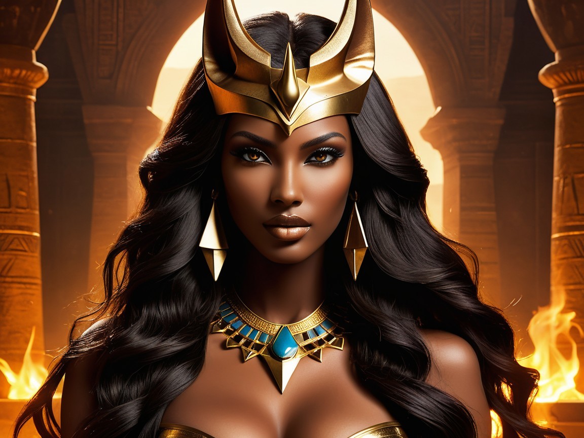 Regal figure with crown and jewelry in dramatic setting