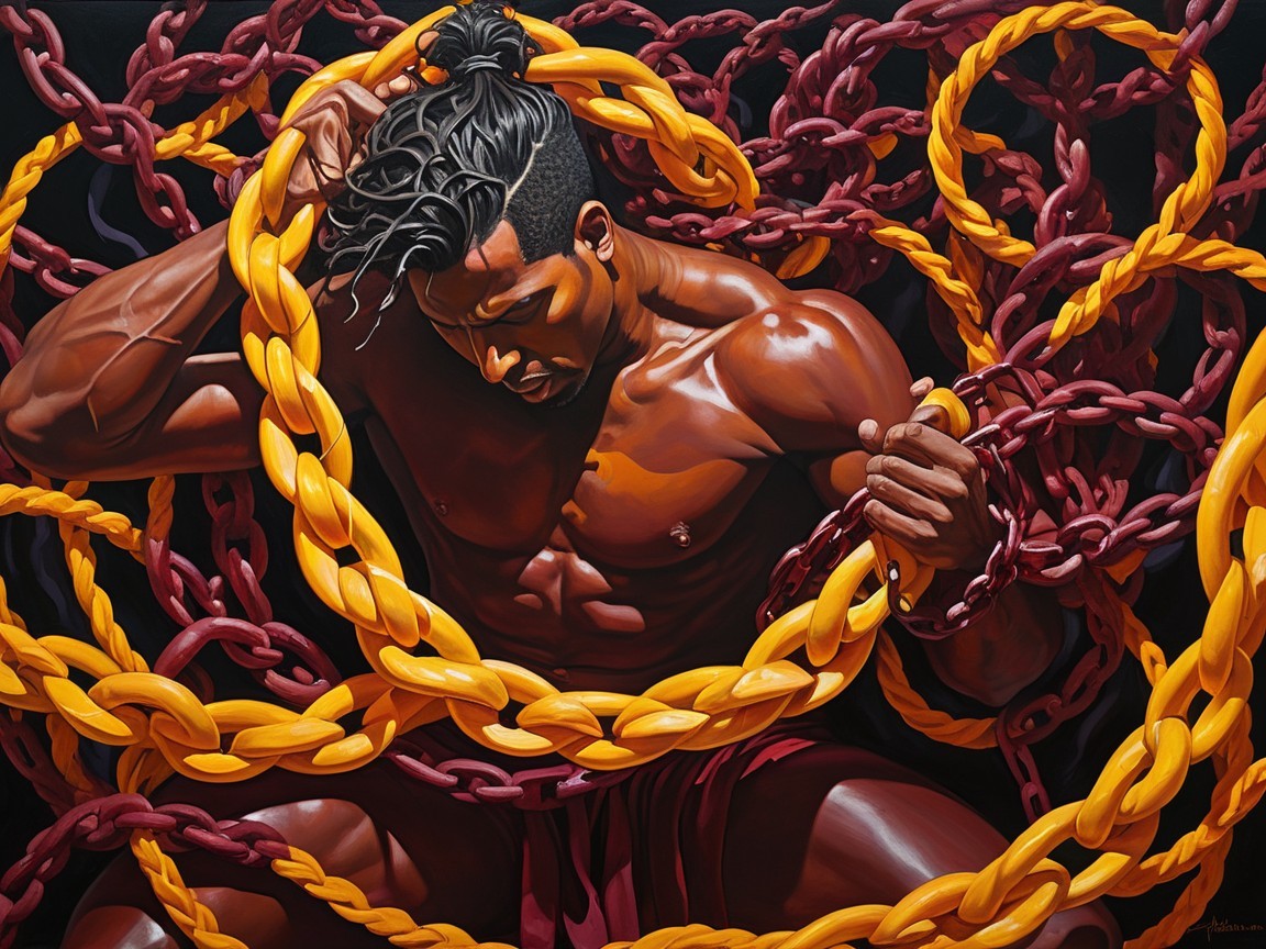 Neo-Expressionist Oil Painting of a Muscular Man Entwined in Chains