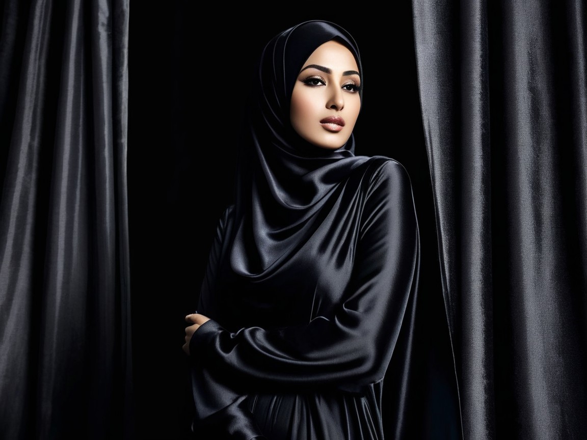 Elegant Woman in Black Hijab and Dress Against Dark Backdrop