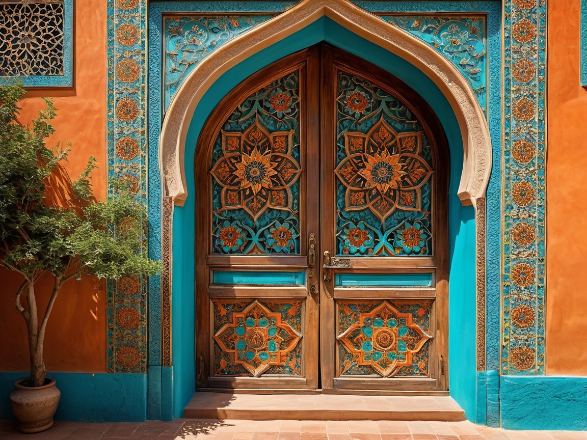 Intricate Carved Wooden Door with Vibrant Accents