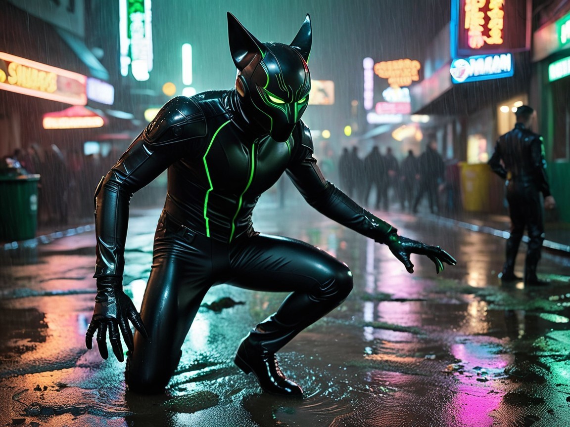 Neon-Lit Urban Alley with Crouching Figure in Suit
