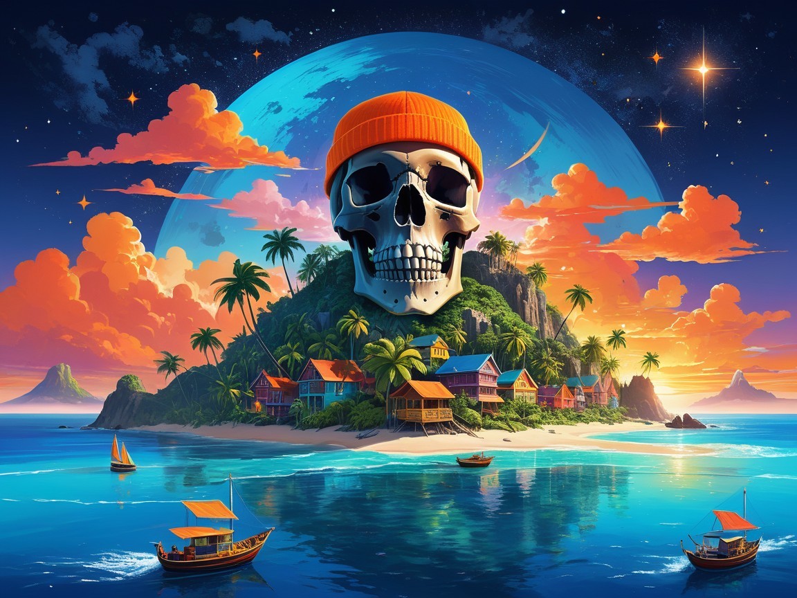 Tropical Island Scene with Skull and Sunset Sky