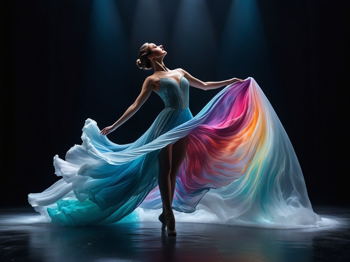 Elegant Dancer in Rainbow Gown on Stage