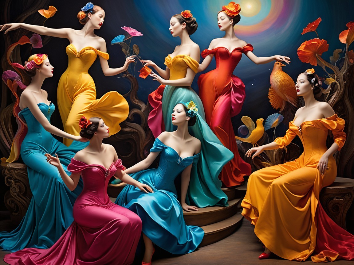 Vibrant Scene of Women in Colorful Gowns and Butterflies