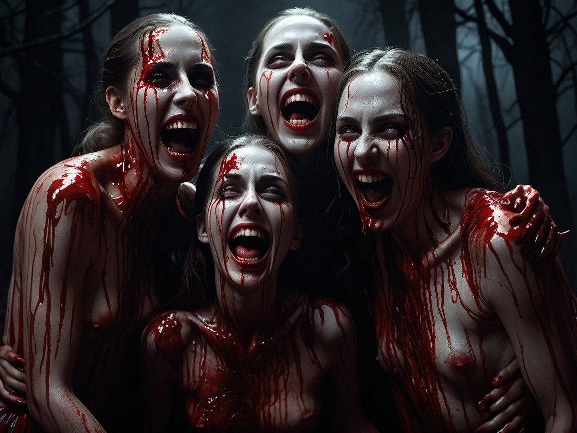 Dark Forest with Crimson Figures in Sinister Laughter