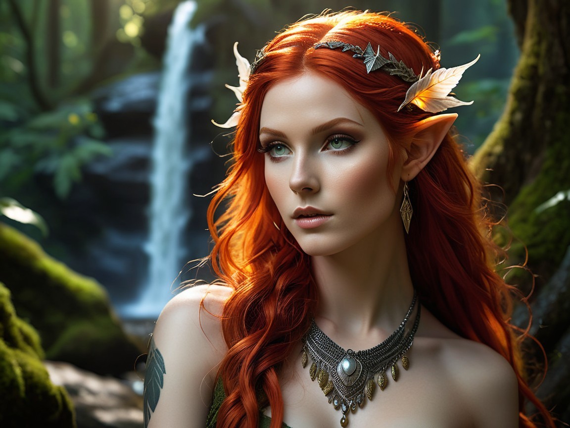 Elven Figure in a Lush Forest with Waterfall