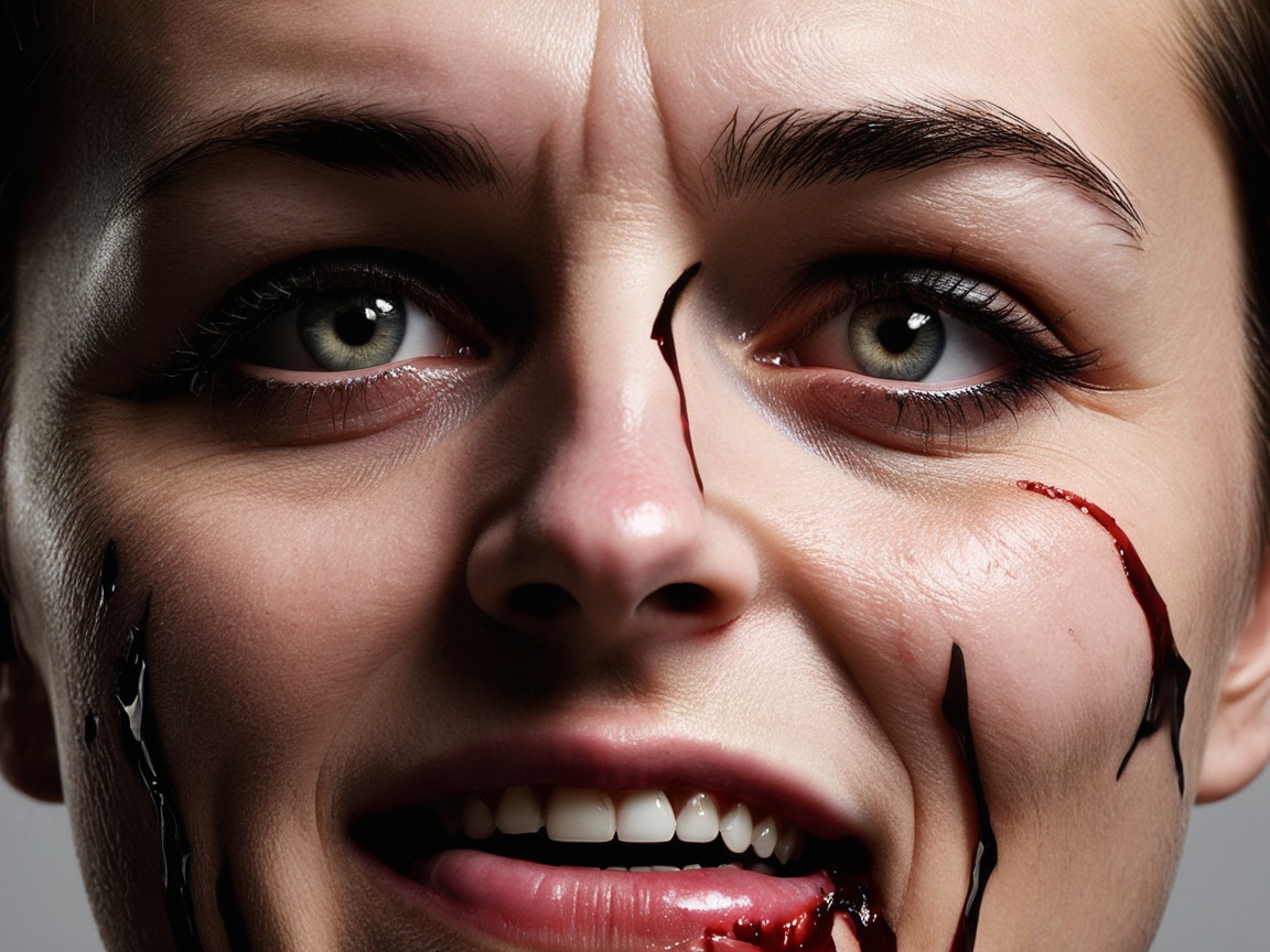 Close-up of a woman with intense emotions and contrast