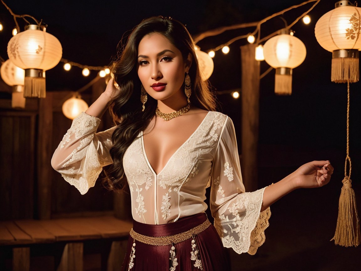 Elegant Woman in Sheer Blouse and Flowing Skirt