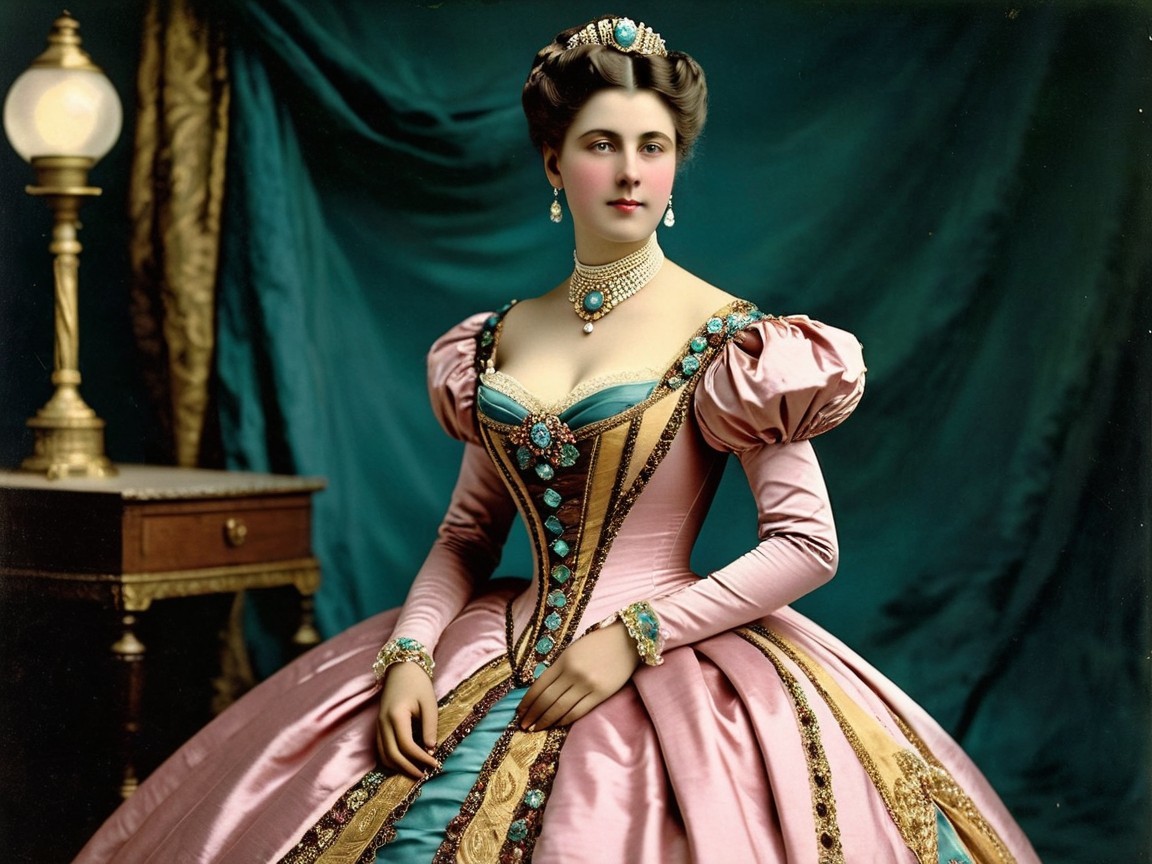 Elegant Woman in Lavish Gown with Intricate Details