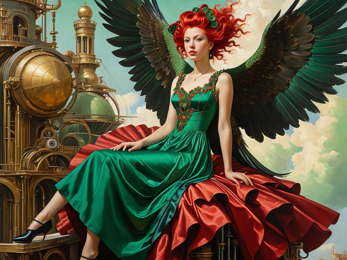 Vibrant Green Dress with Steampunk Background and Wings