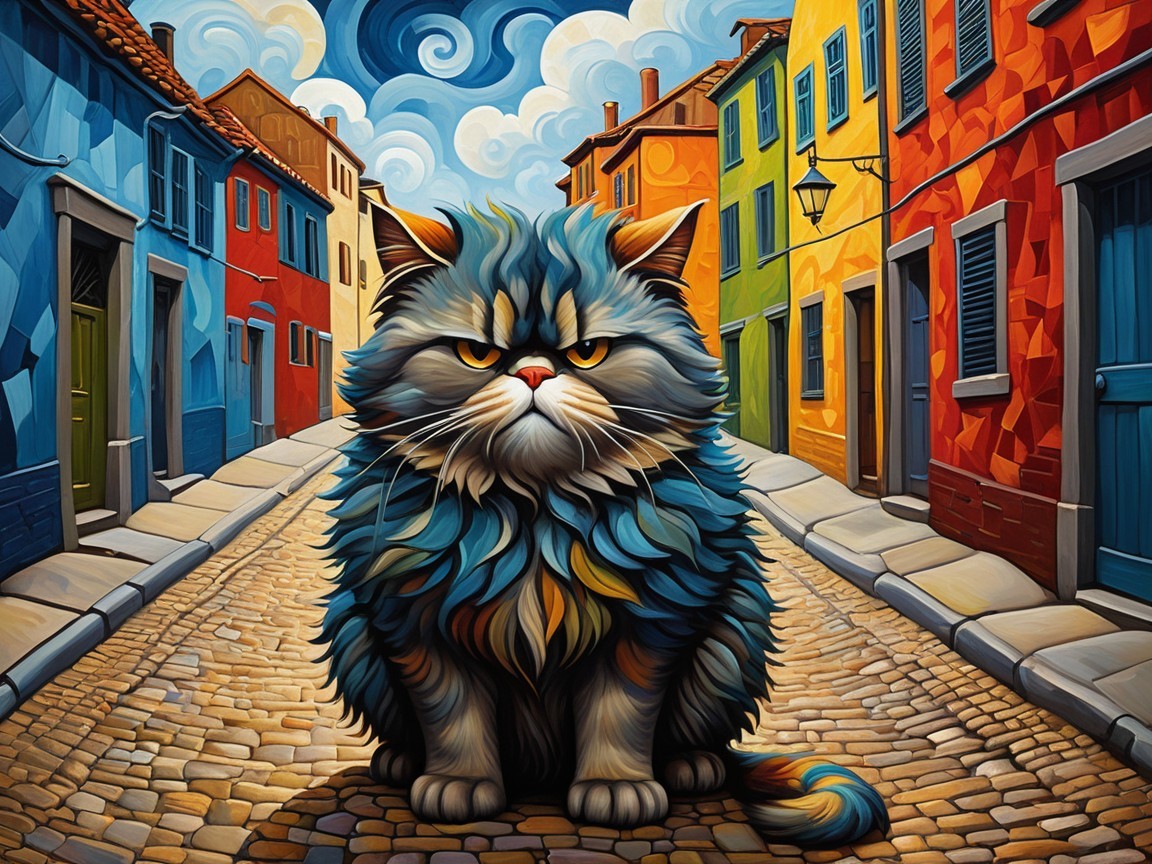 Vibrant Illustration of a Fluffy Cat in a Whimsical Setting