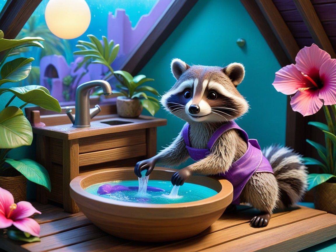 Raccoon in Purple Apron Cleans Items in Colorful Room