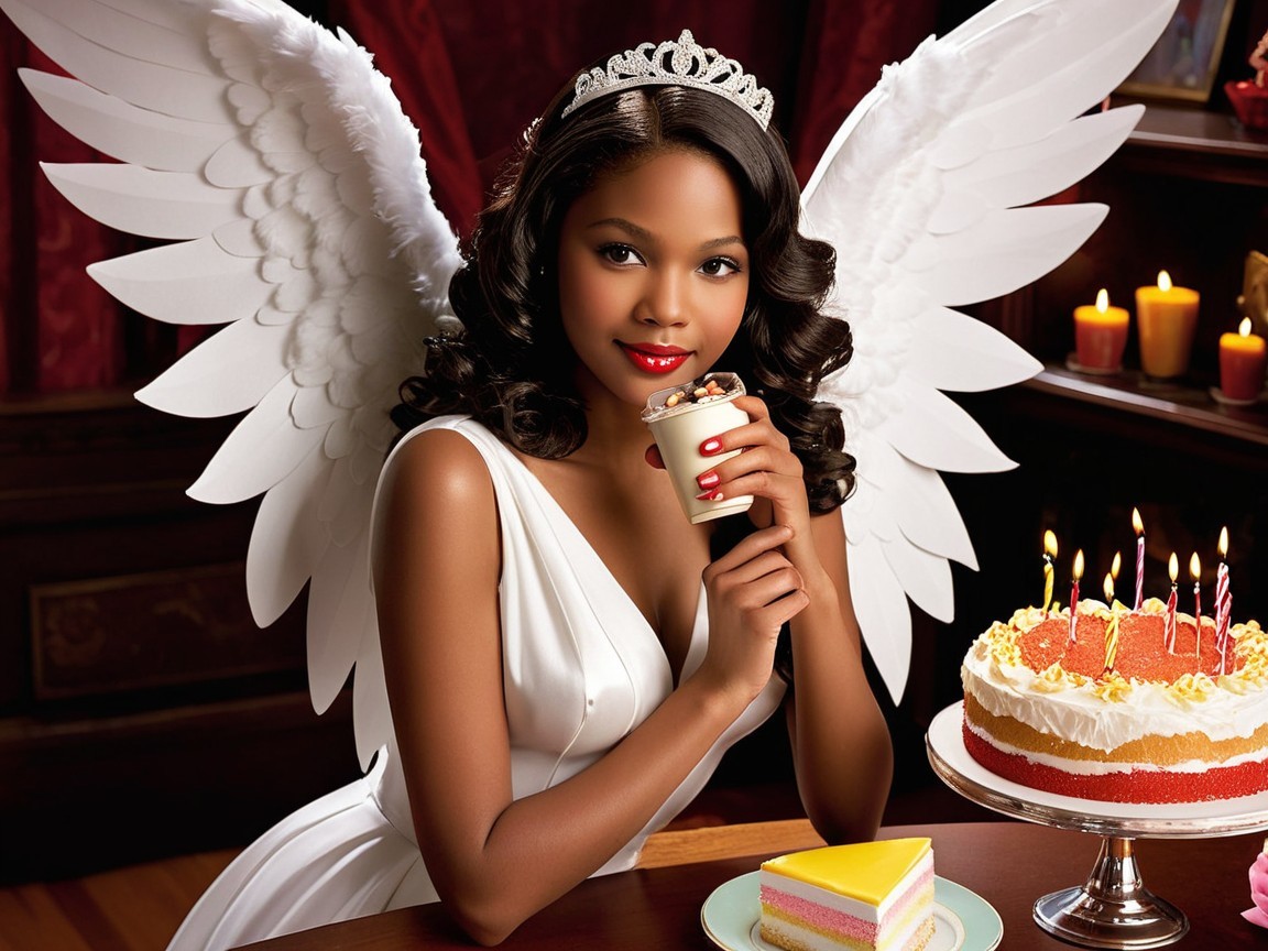 Elegant Woman with Wings and Cake in Cozy Setting