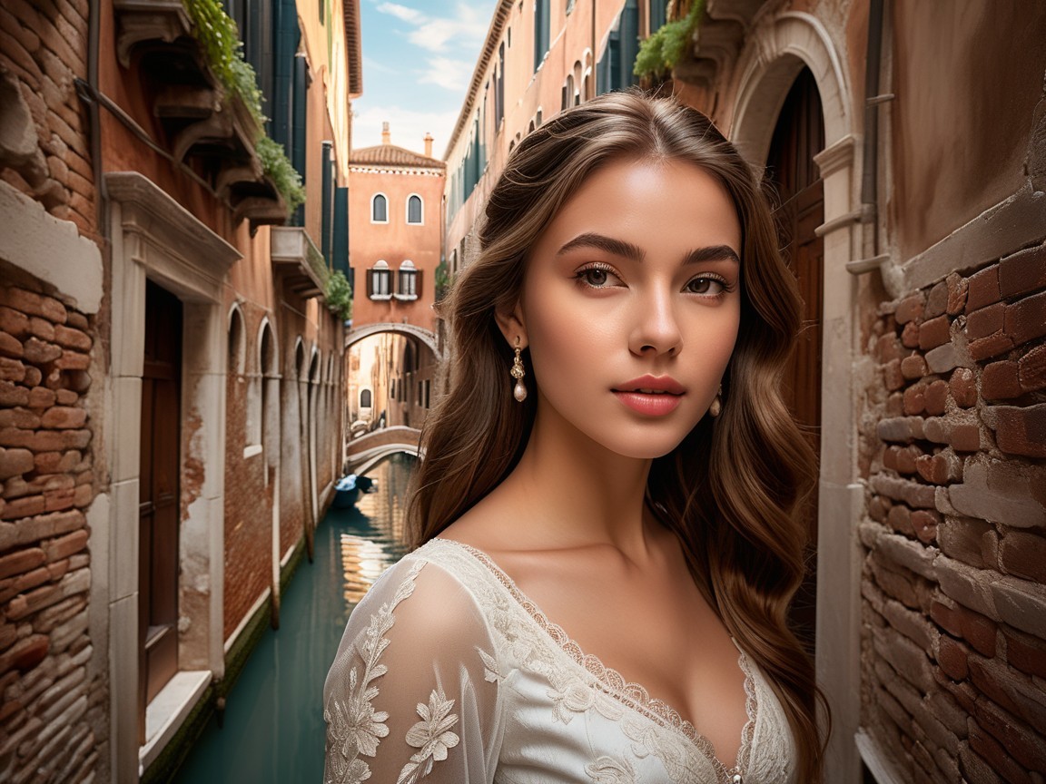 Elegant Woman in Venetian Alley with Classic Architecture