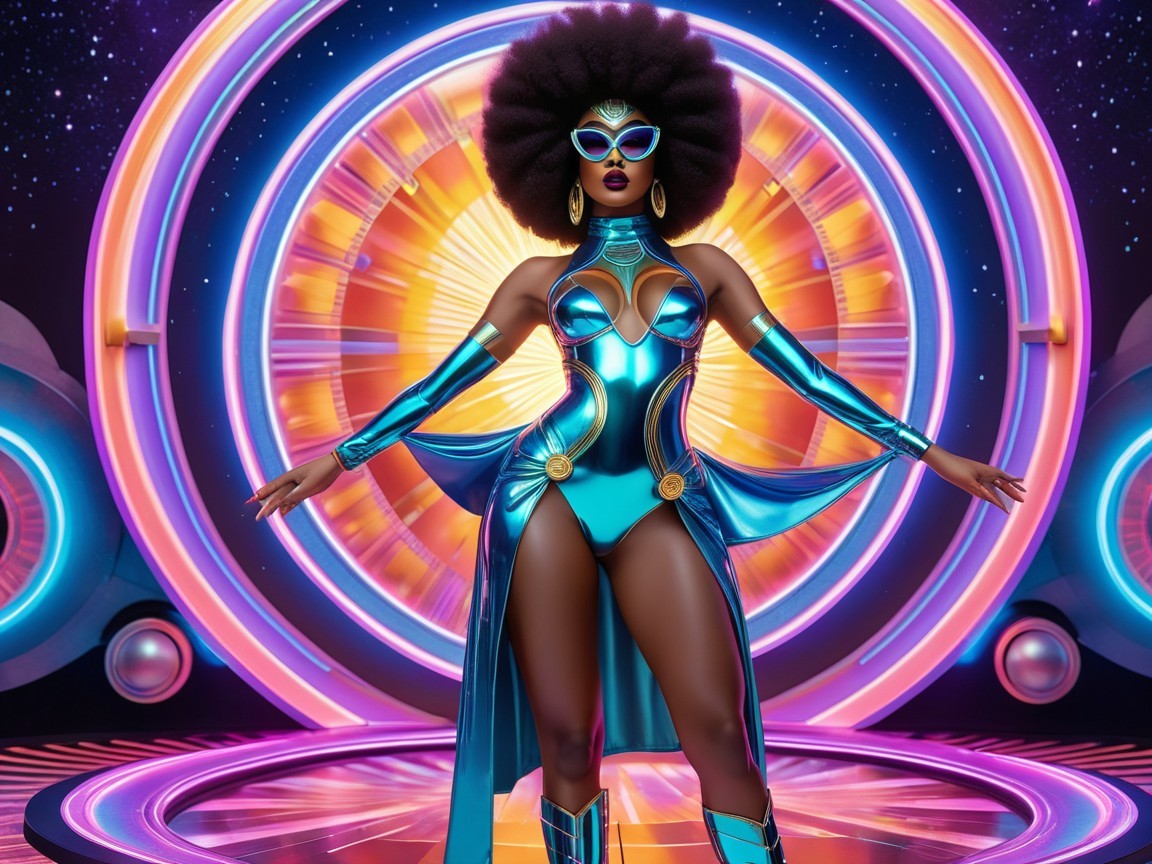 Futuristic figure in blue outfit with cosmic backdrop