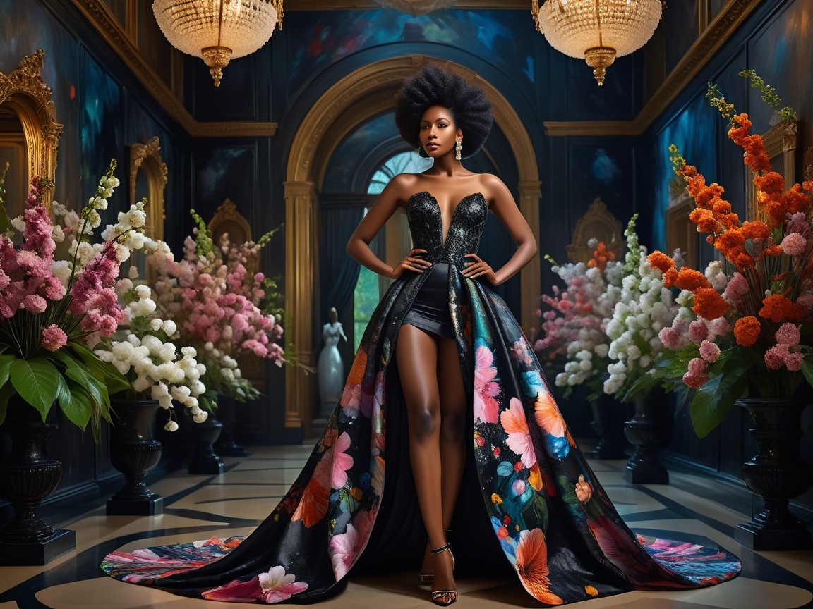 Fashion Model in Elegant Gown in Lavish Room