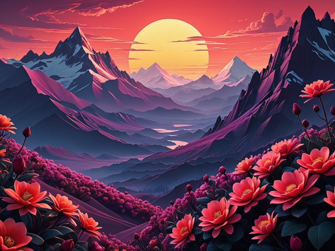 Sunset Landscape with Mountains and Vibrant Flowers