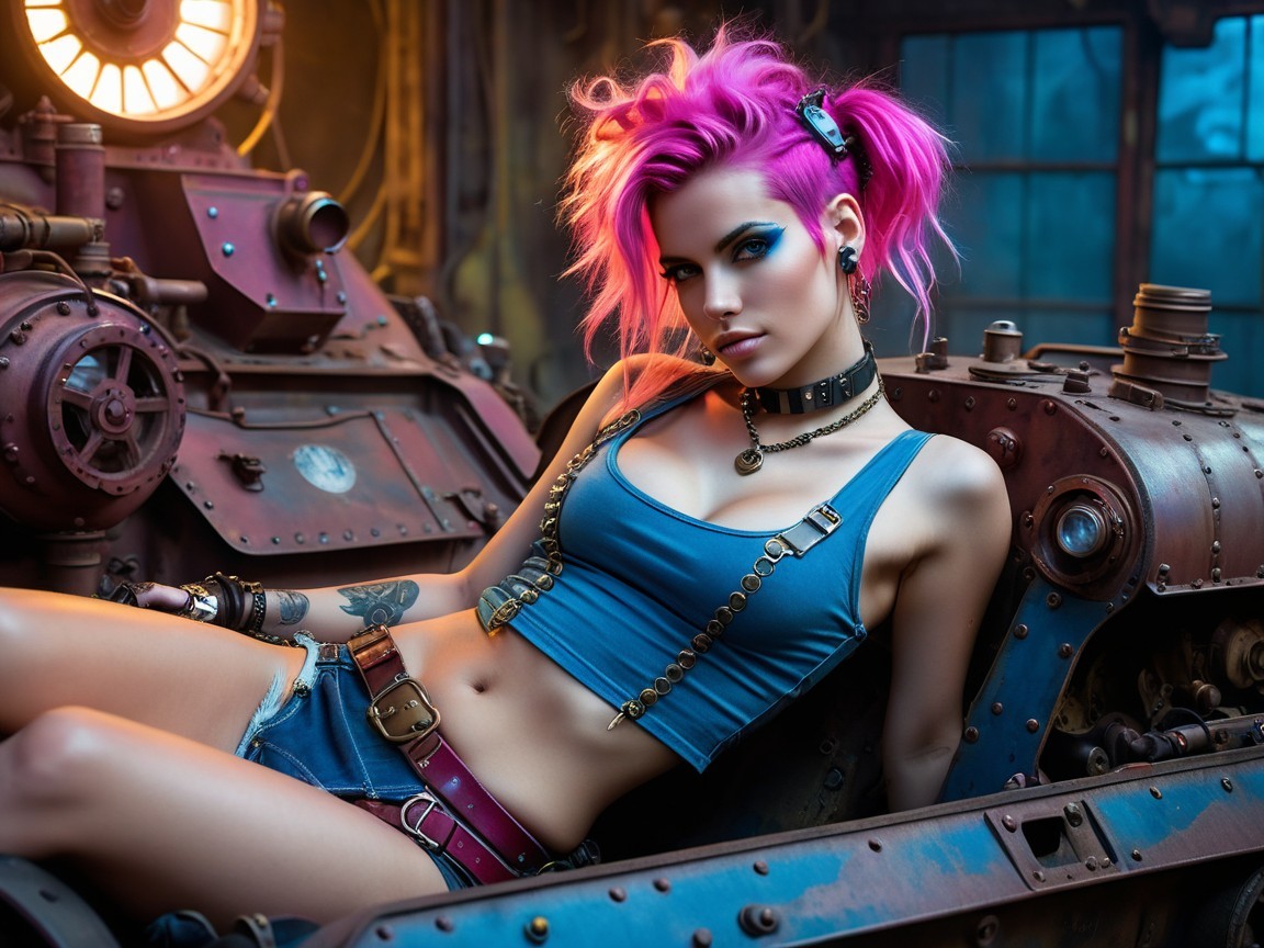 Young Woman with Pink Hair in Steampunk Setting