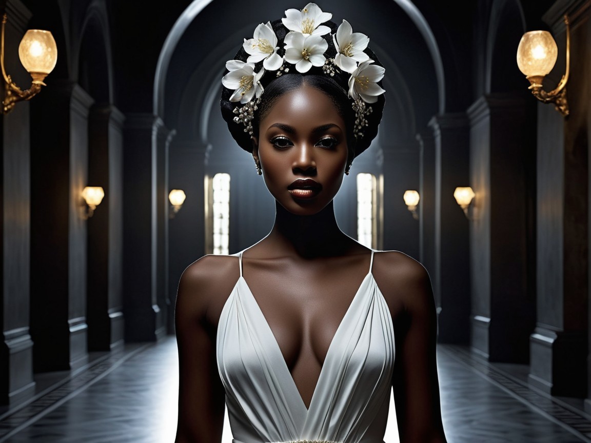 Elegant woman in white gown in grand hall setting