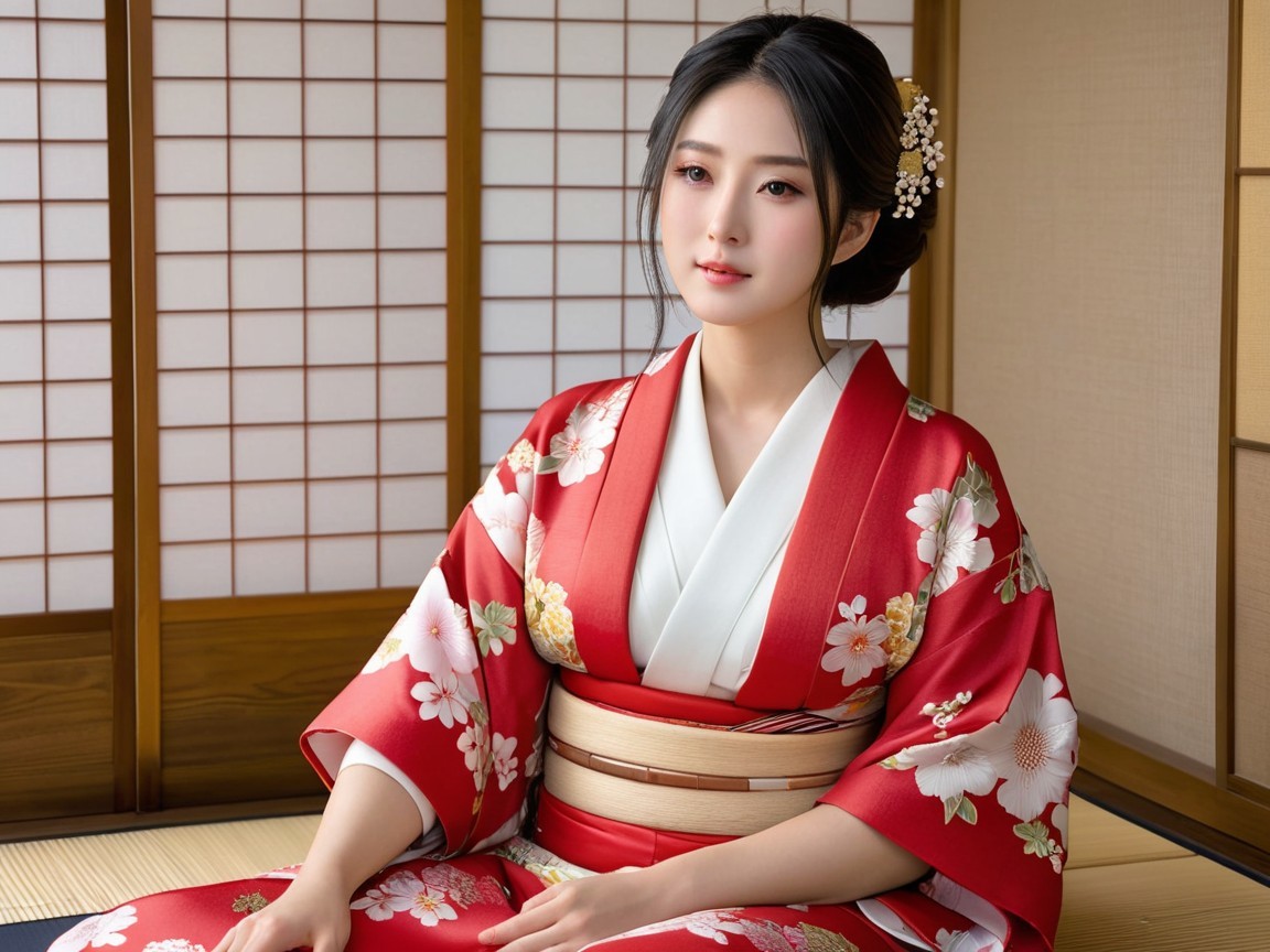 Young Woman in Red Kimono in Traditional Japanese Room