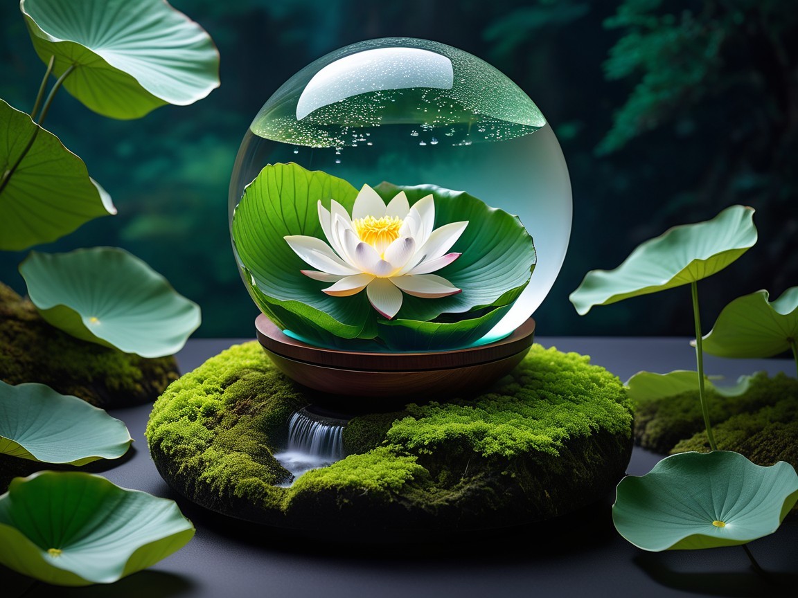 Glass Dome with Lotus Flower and Waterfall Scene