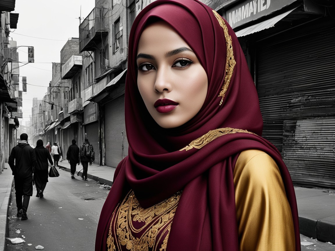 Young Woman in Burgundy Hijab on Bustling Street