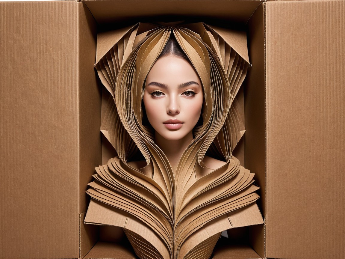 Surreal Portrait of Woman with Cardboard Headdress