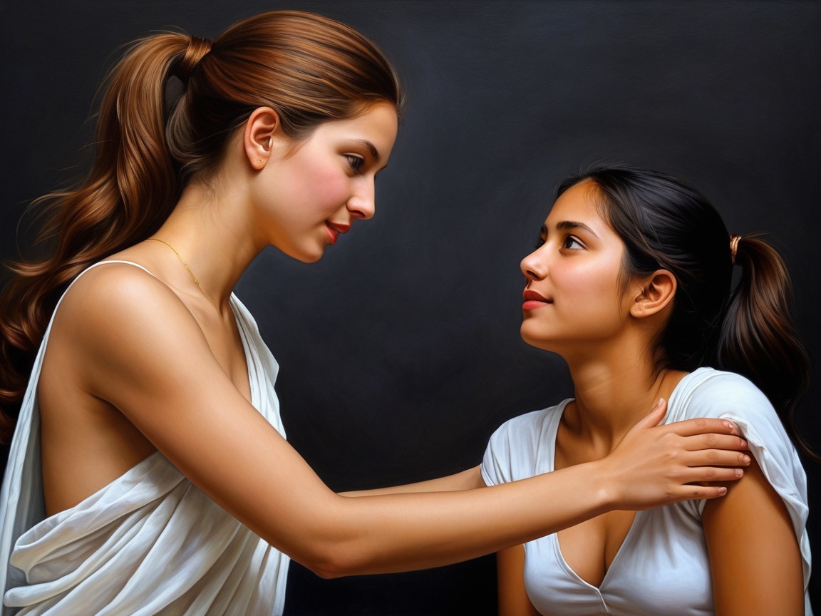 Two Women in Heartfelt Conversation with Expressive Faces
