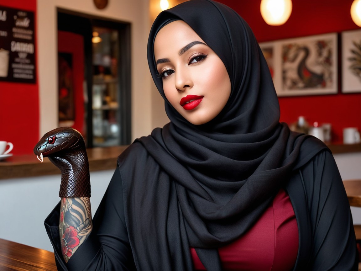 Confident Woman in Black Hijab at Stylish Café
