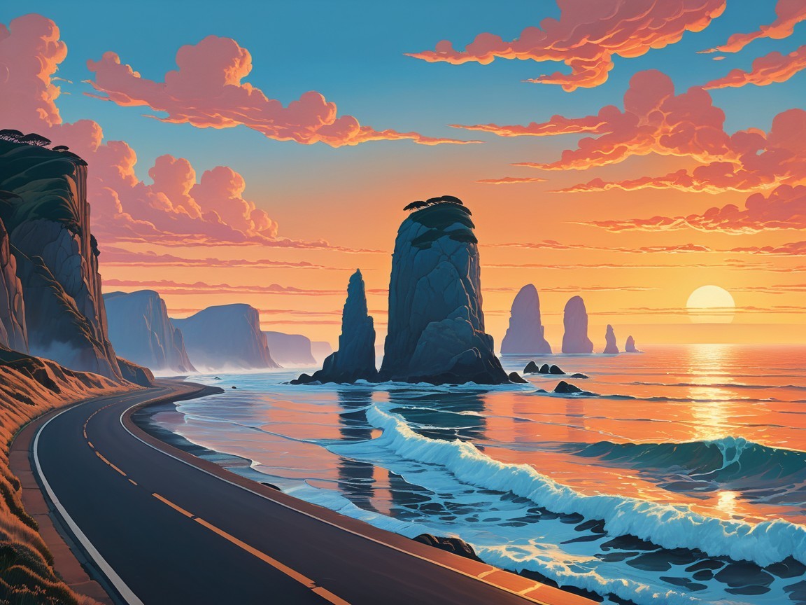 Scenic Sunset Coastline with Winding Ocean Road