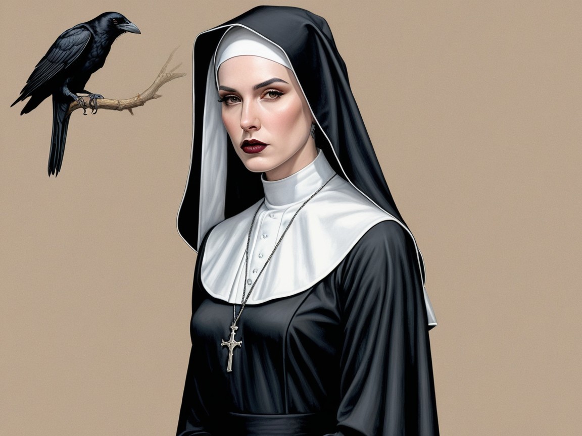 Nun in Traditional Attire with Raven in Somber Scene