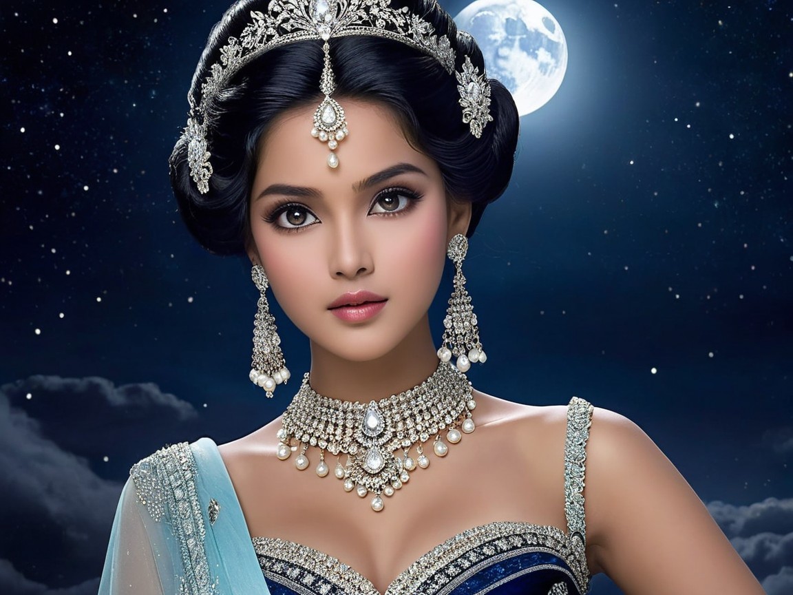 Young Woman in Traditional Attire Under Moonlit Sky