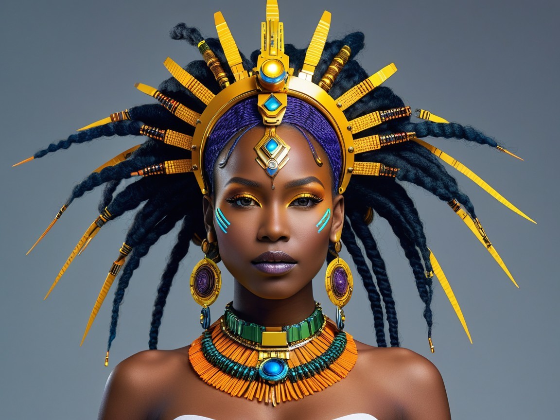 Portrait of a Woman with Vibrant Headdress and Makeup