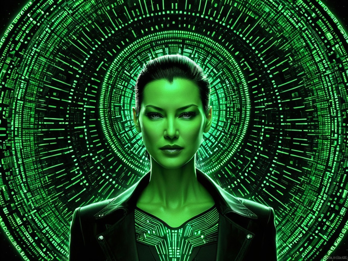 Futuristic Green-Skinned Woman in High-Tech Attire