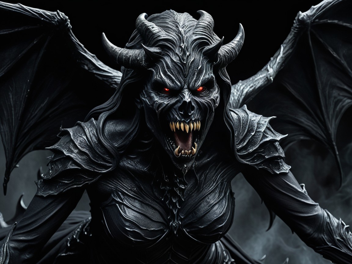 Menacing Dark Figure with Red Eyes and Bat Wings
