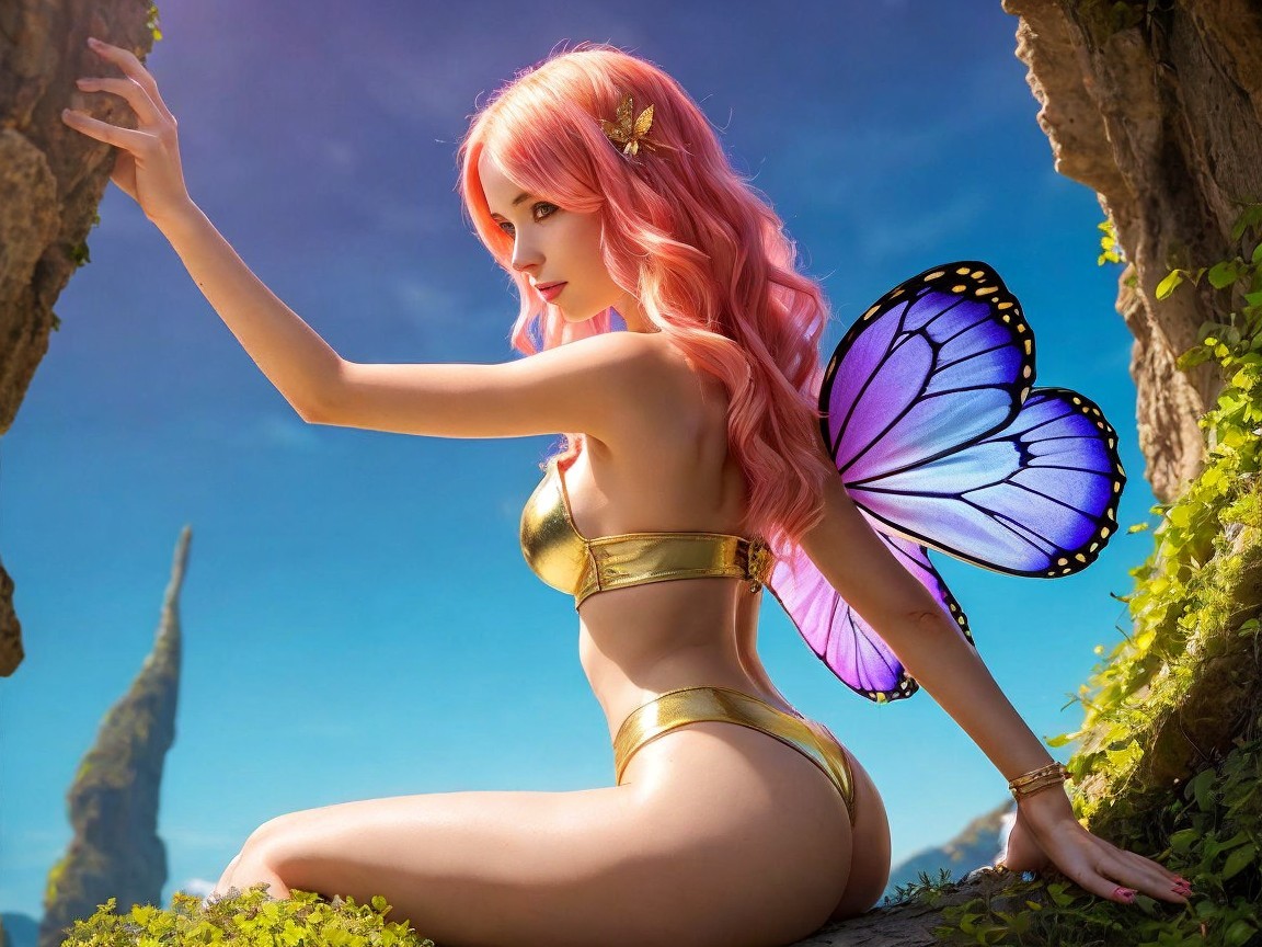 Graceful figure with pink hair in vibrant landscape
