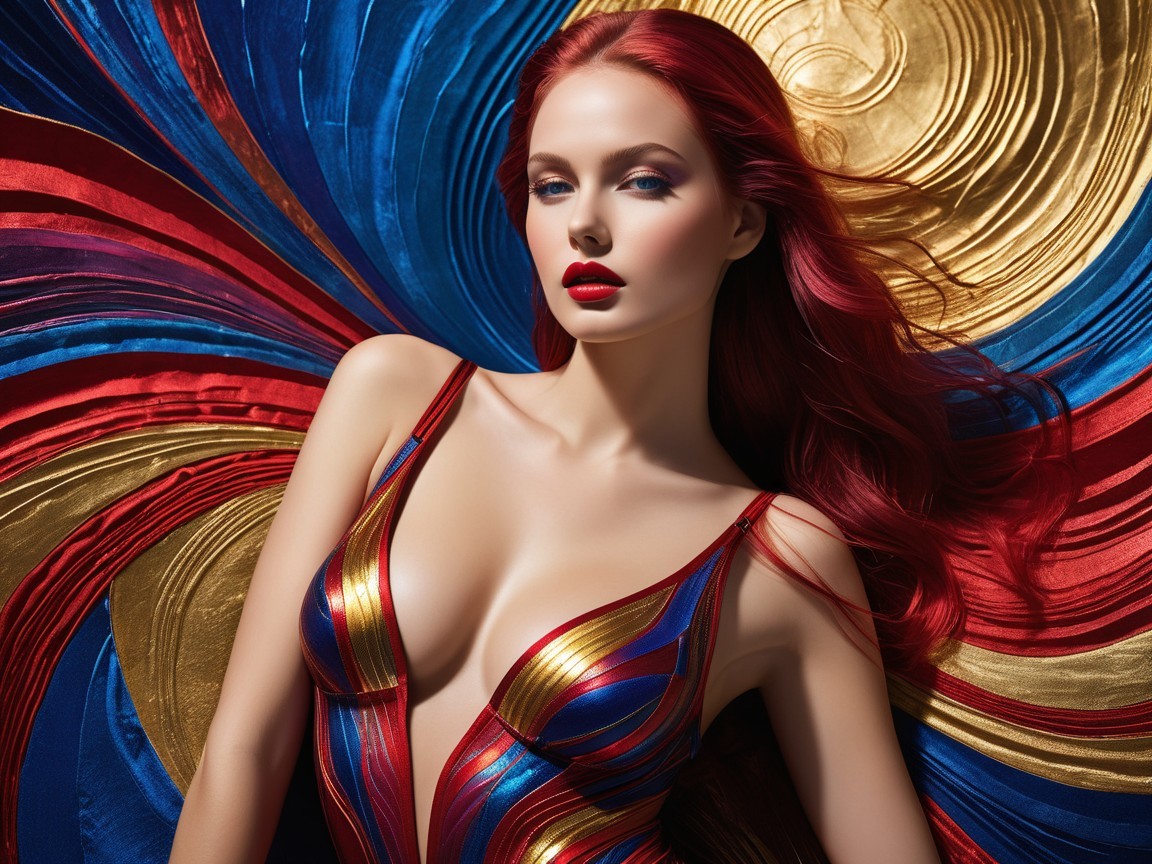 Model in Vibrant Costume with Flowing Red Hair