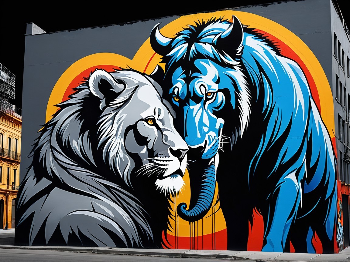 Vibrant Mural of Lion and Blue Bull with Patterns