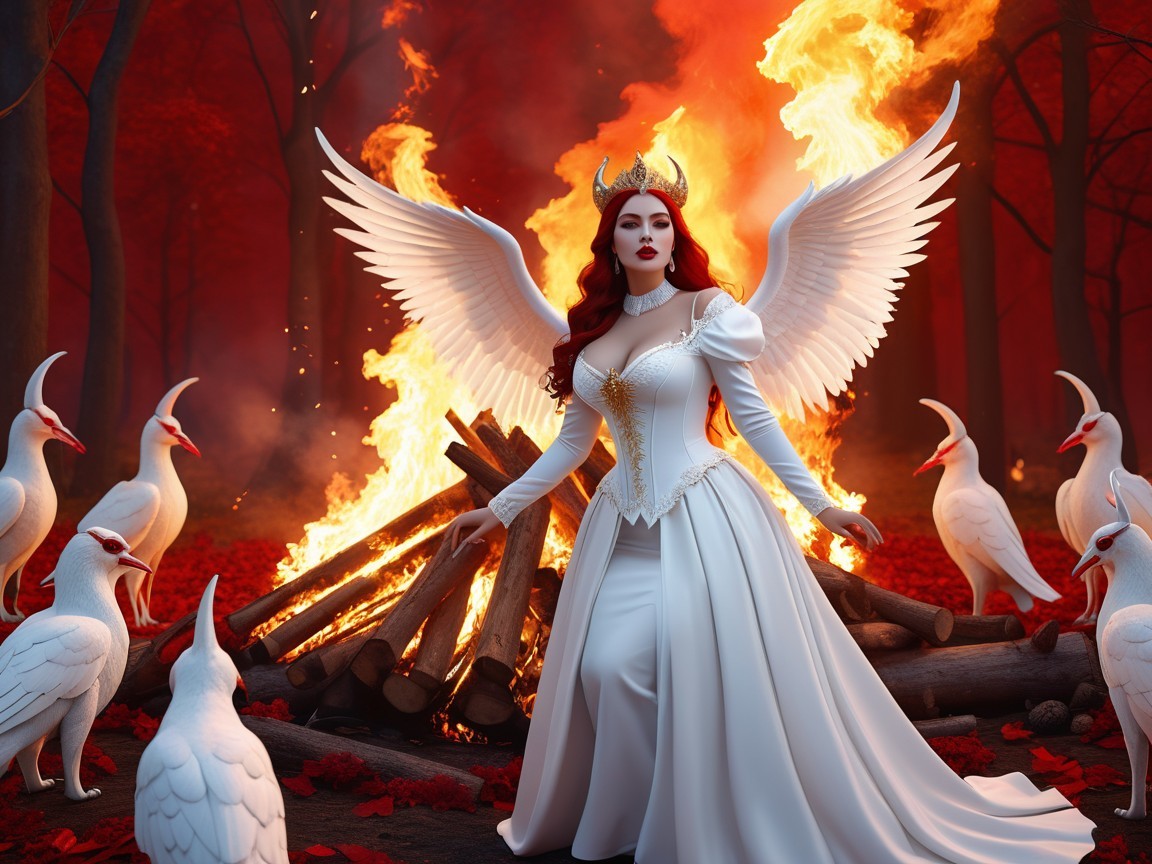 Majestic figure in fiery forest with ethereal wings