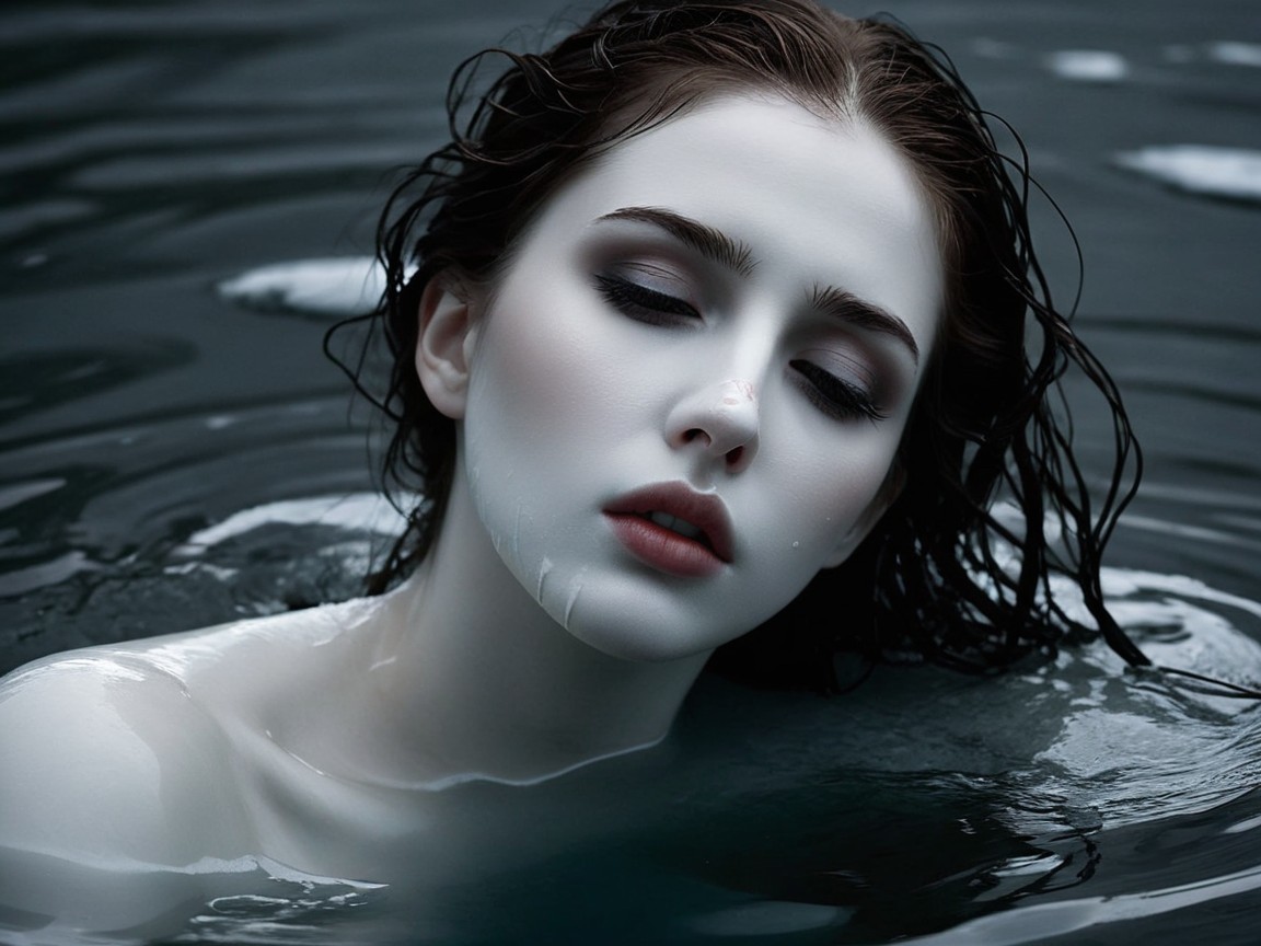 Serene portrait of a young woman partially submerged in water