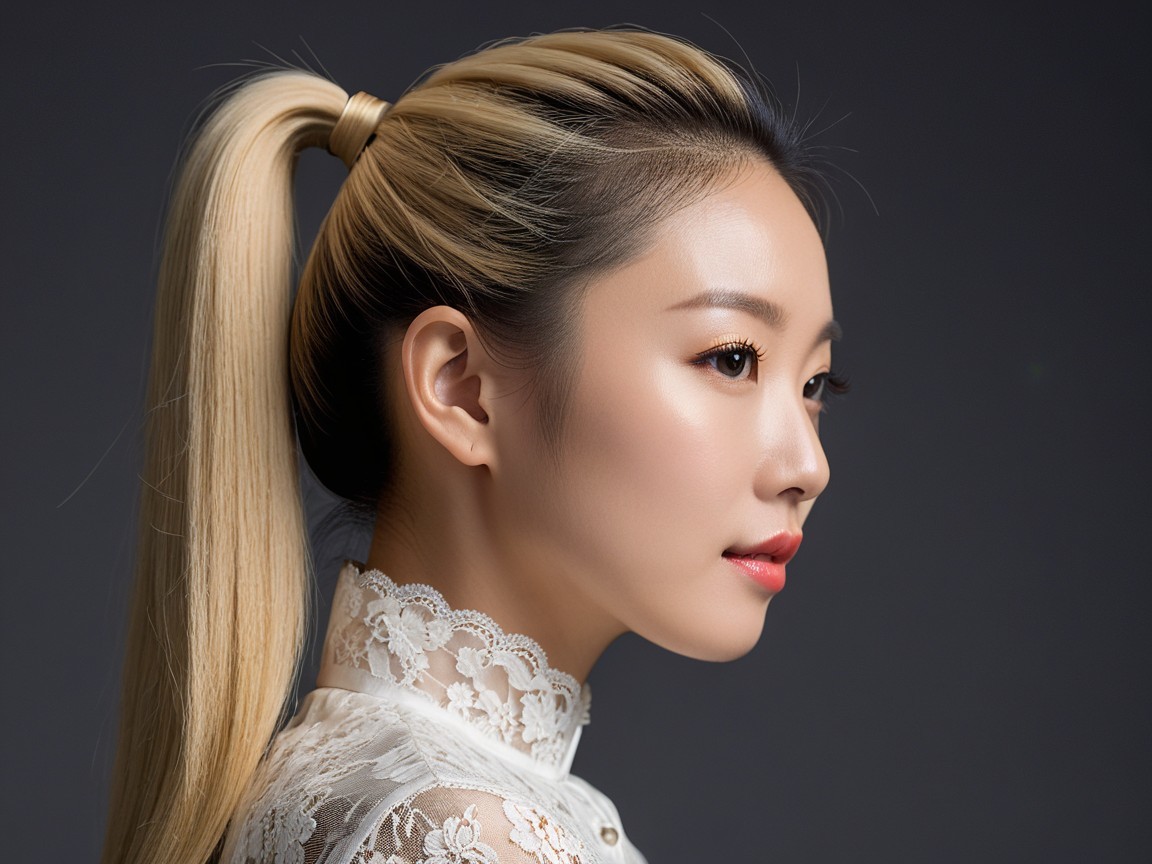 Young Woman with Blonde Hair in Lace Blouse