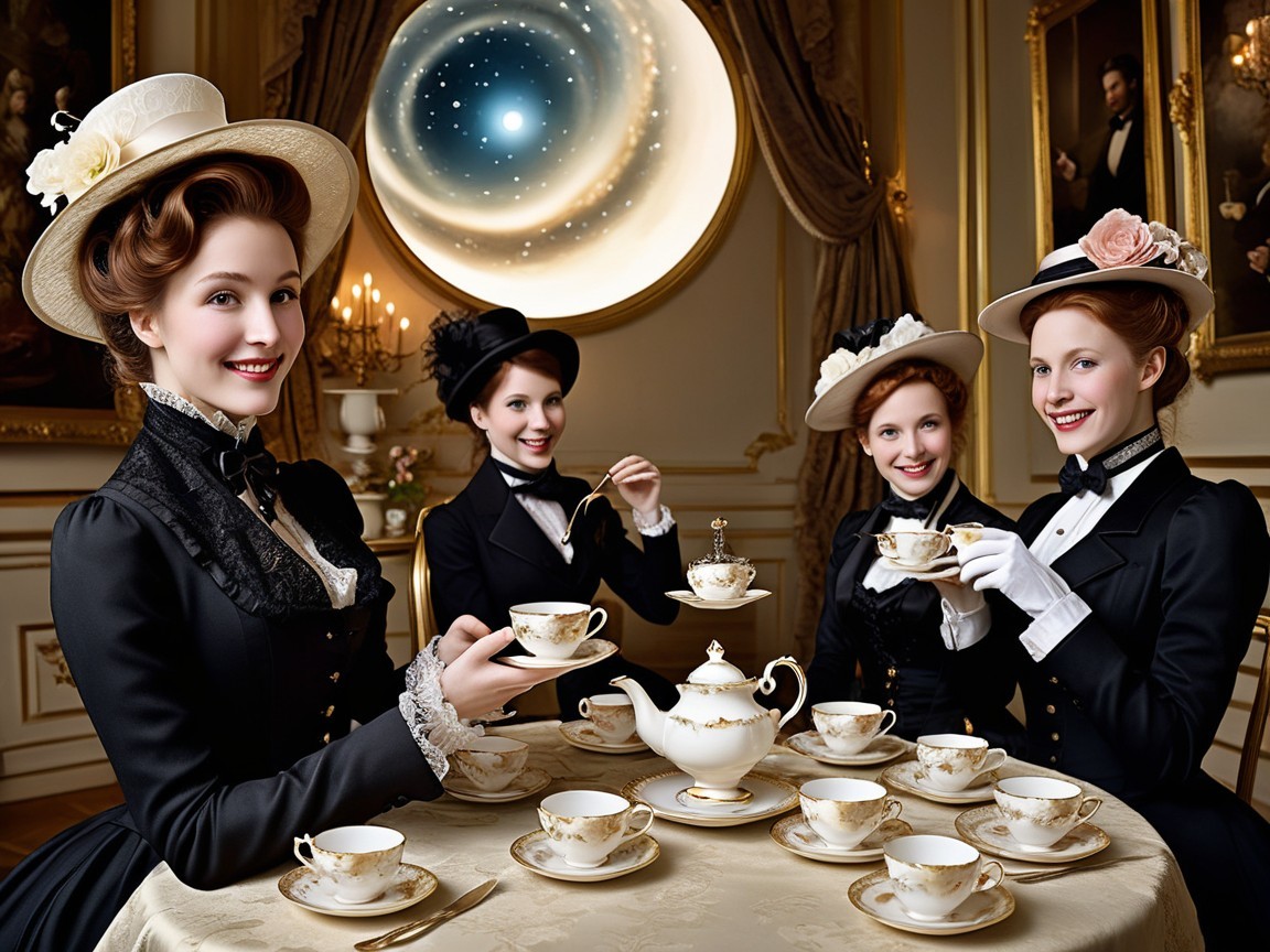 Victorian Tea Gathering with Elegantly Dressed Women