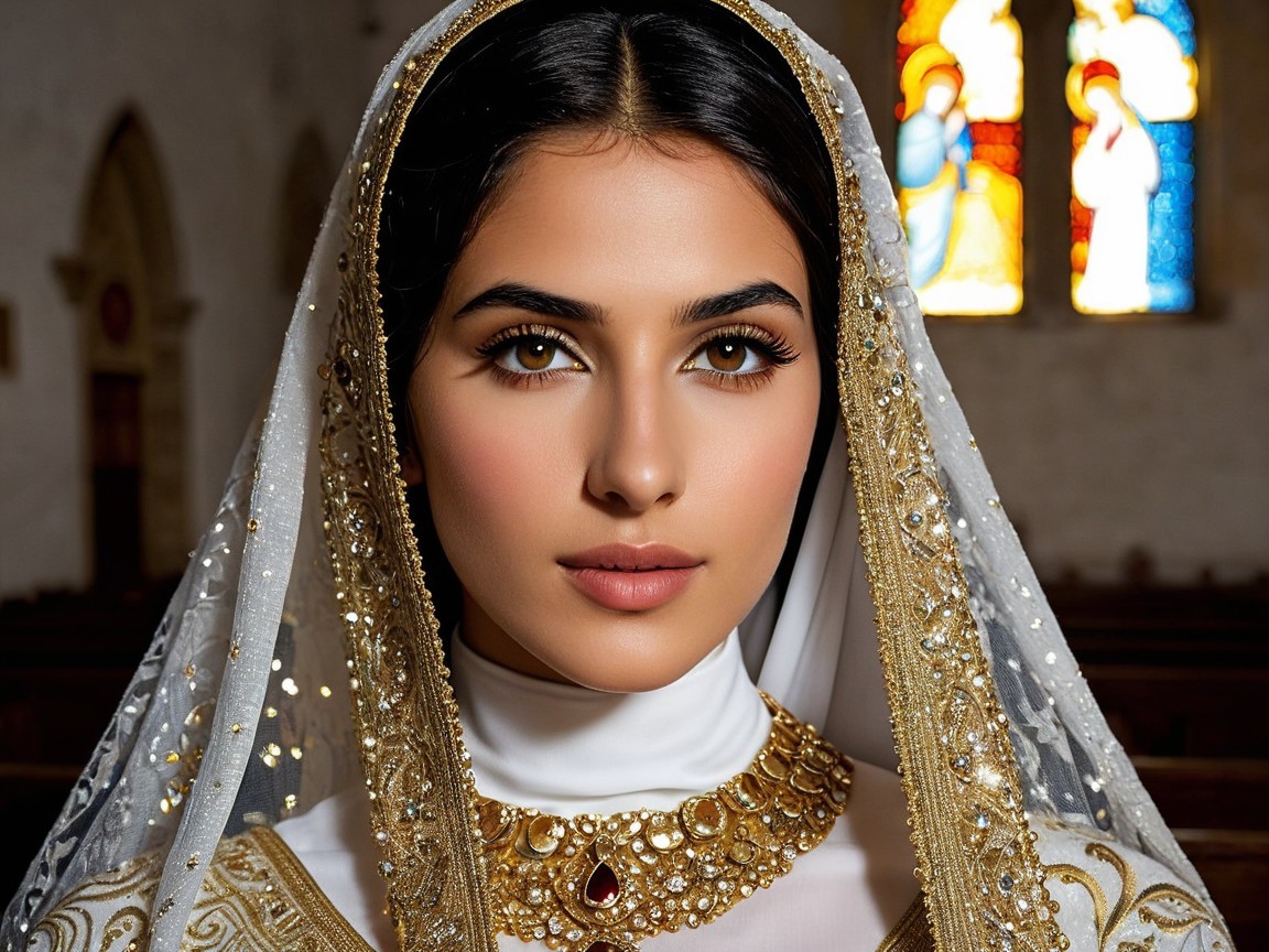 Young woman in traditional outfit with stained glass backdrop