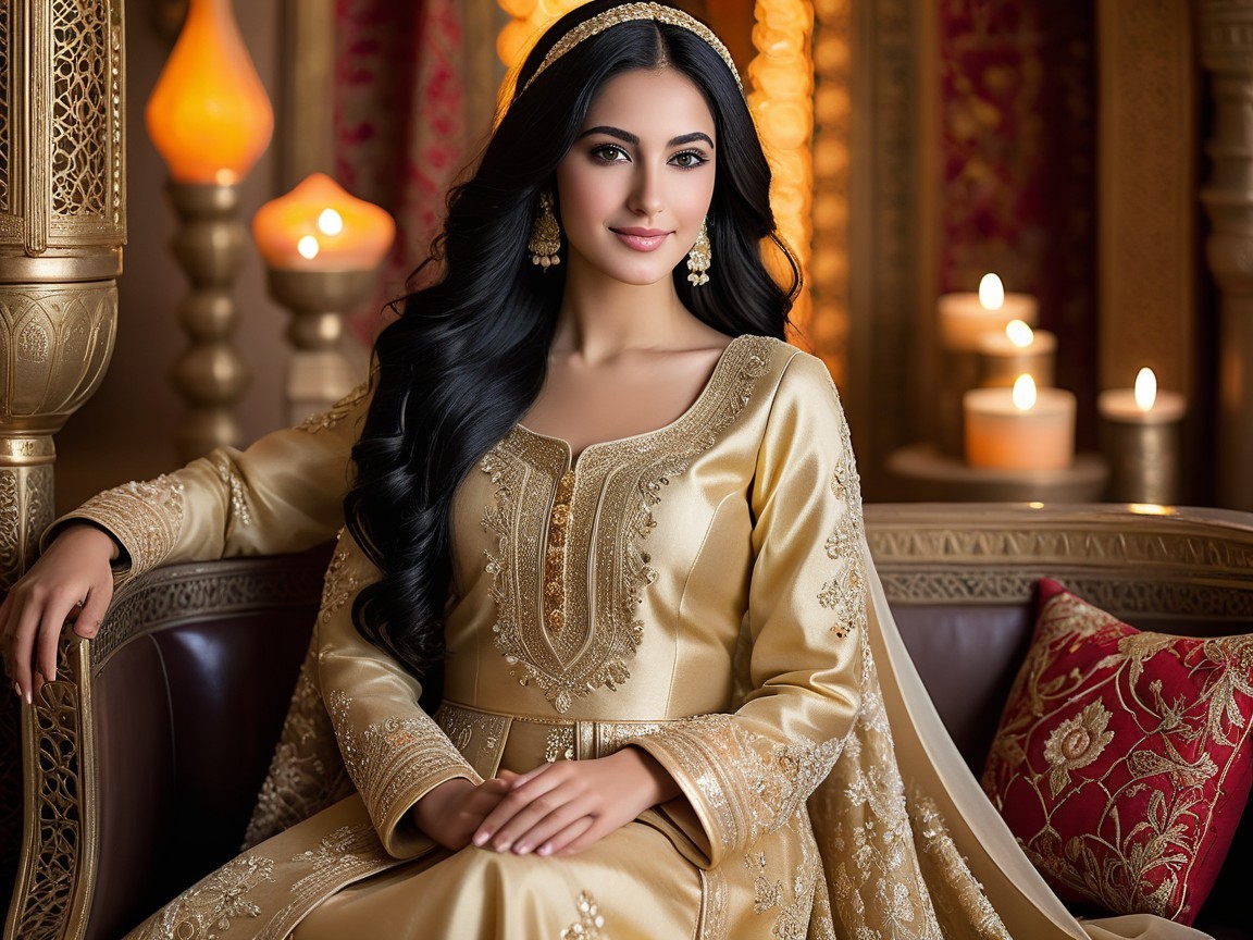 Young woman in golden attire on ornate sofa