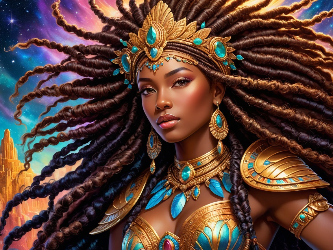 Regal woman with golden crown and cosmic background