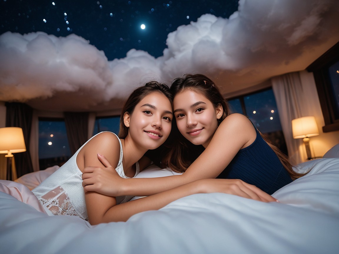Warm Embrace of Friends in a Dreamy Bedroom Setting