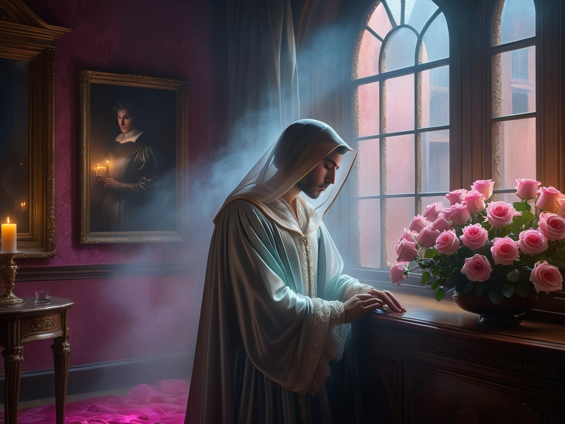 Serene Interior with Soft Light and Thoughtful Figure