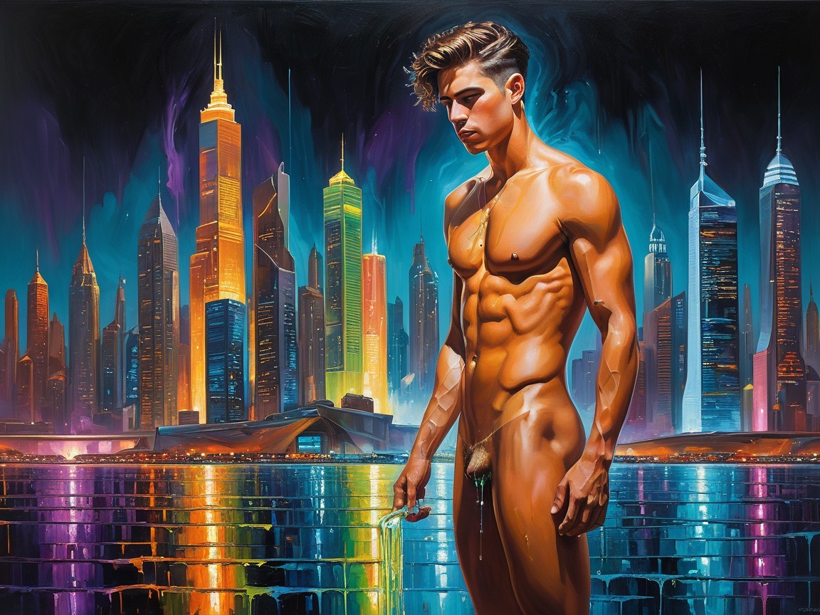 Muscular Male Figure Against Vibrant City Skyline